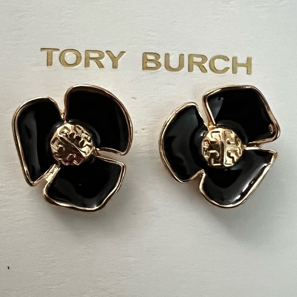 🆕 Tory Burch Authentic Small Black Resin Fleur & Gold Tone Logo Stud Earrings - Picture 4 of 12
